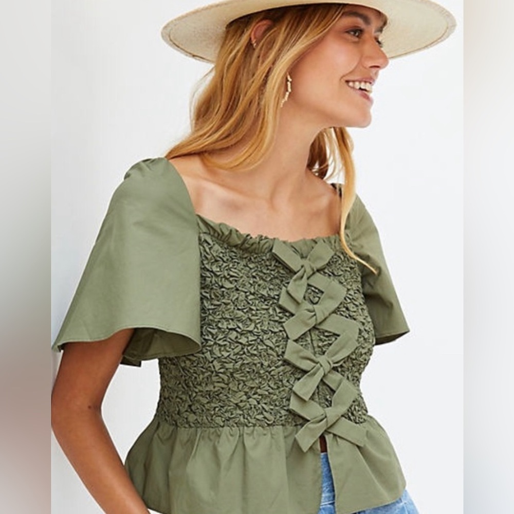 Mare Mare by Anthropologie Olive Smocked Blouse NWT $118.00 LARGE  - C401